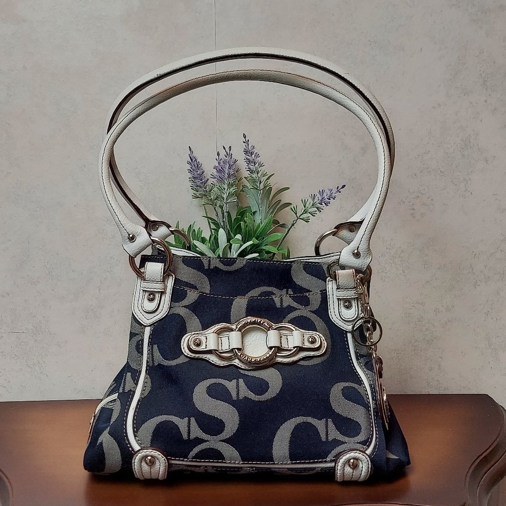SOPHIA CAPERELLI SIGNATURE CANVAS SHOULDER BAG (NAVY & BONE)